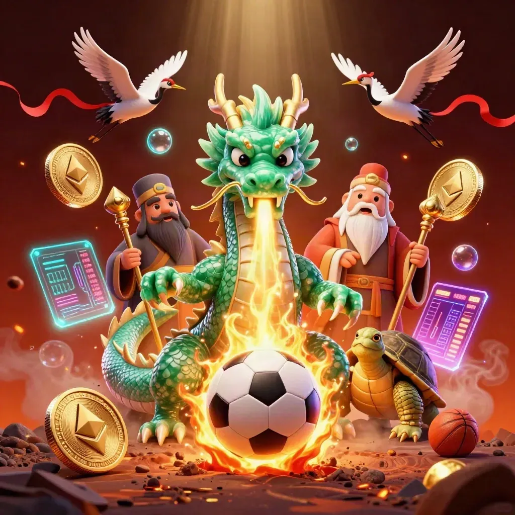 Dragon, turtle sage, and cranes amid soccer fire, coins, and neon casino glow.