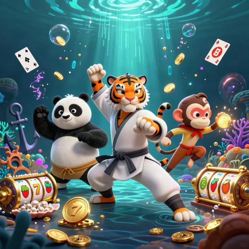 Tiger master, panda disciple, and monkey student in an underwater treasure cove with neon casino effects.