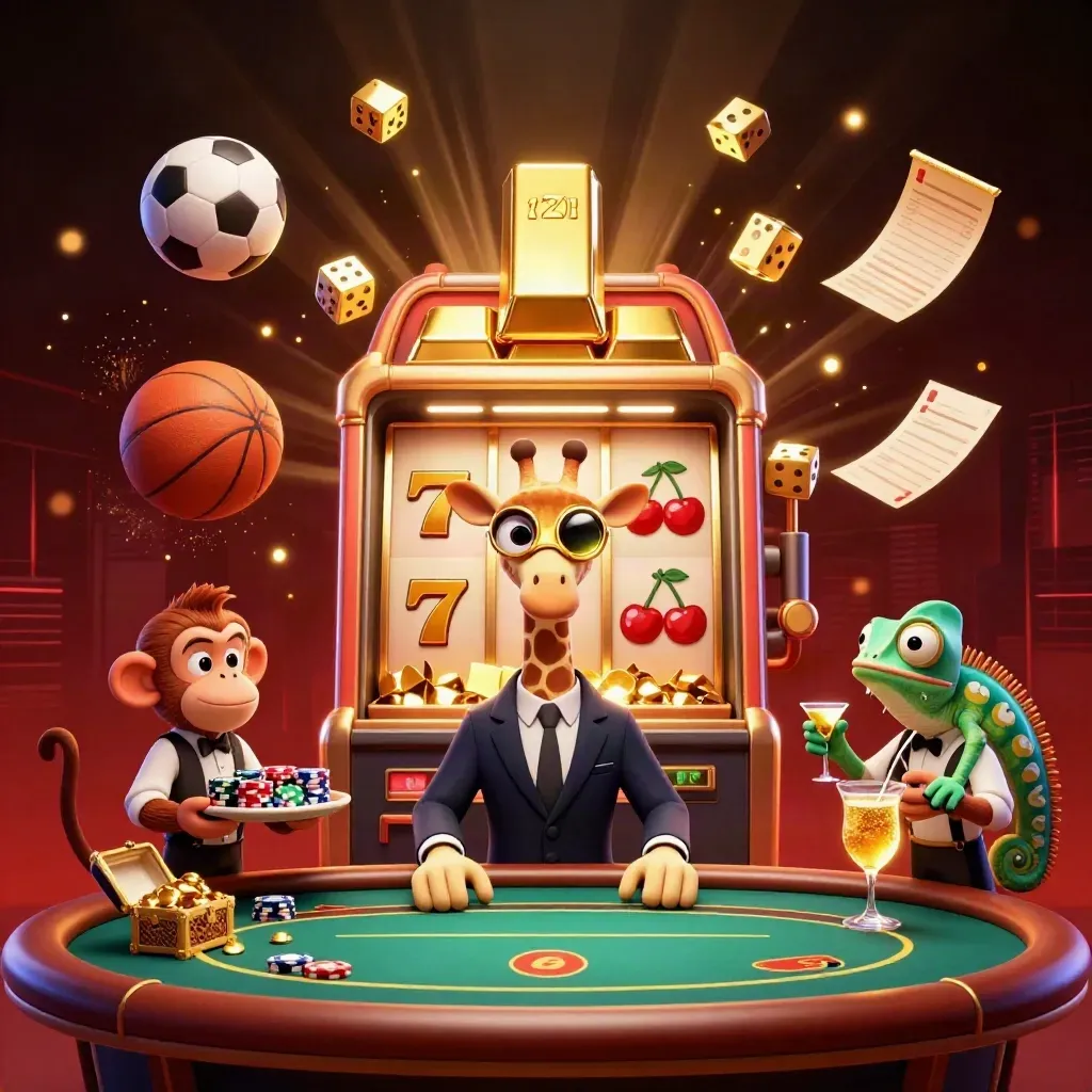 Low-angle casino-sports key art: giraffe, monkey valet, chameleon bartender, flying balls and gold.