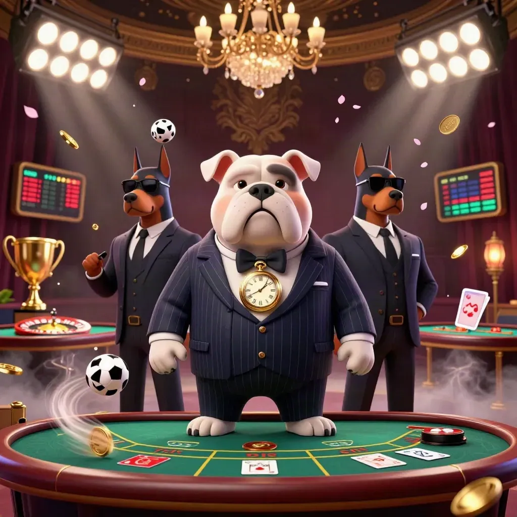 Bulldog boss and Doberman guards amid casino glamour, sports balls, coins, trophy, and glowing lights.