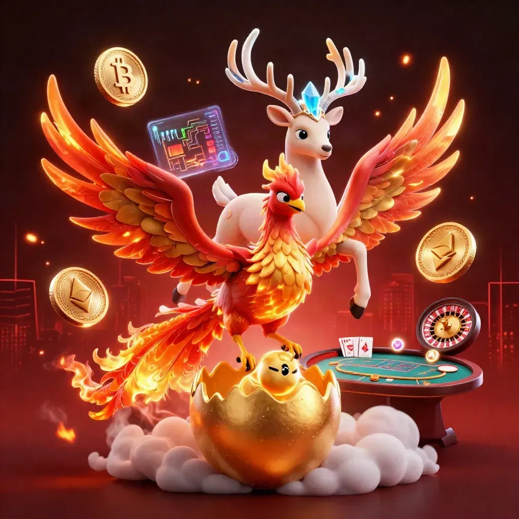 Fire phoenix, baby phoenix, and crystalline stag amid casino glow and crypto effects.
