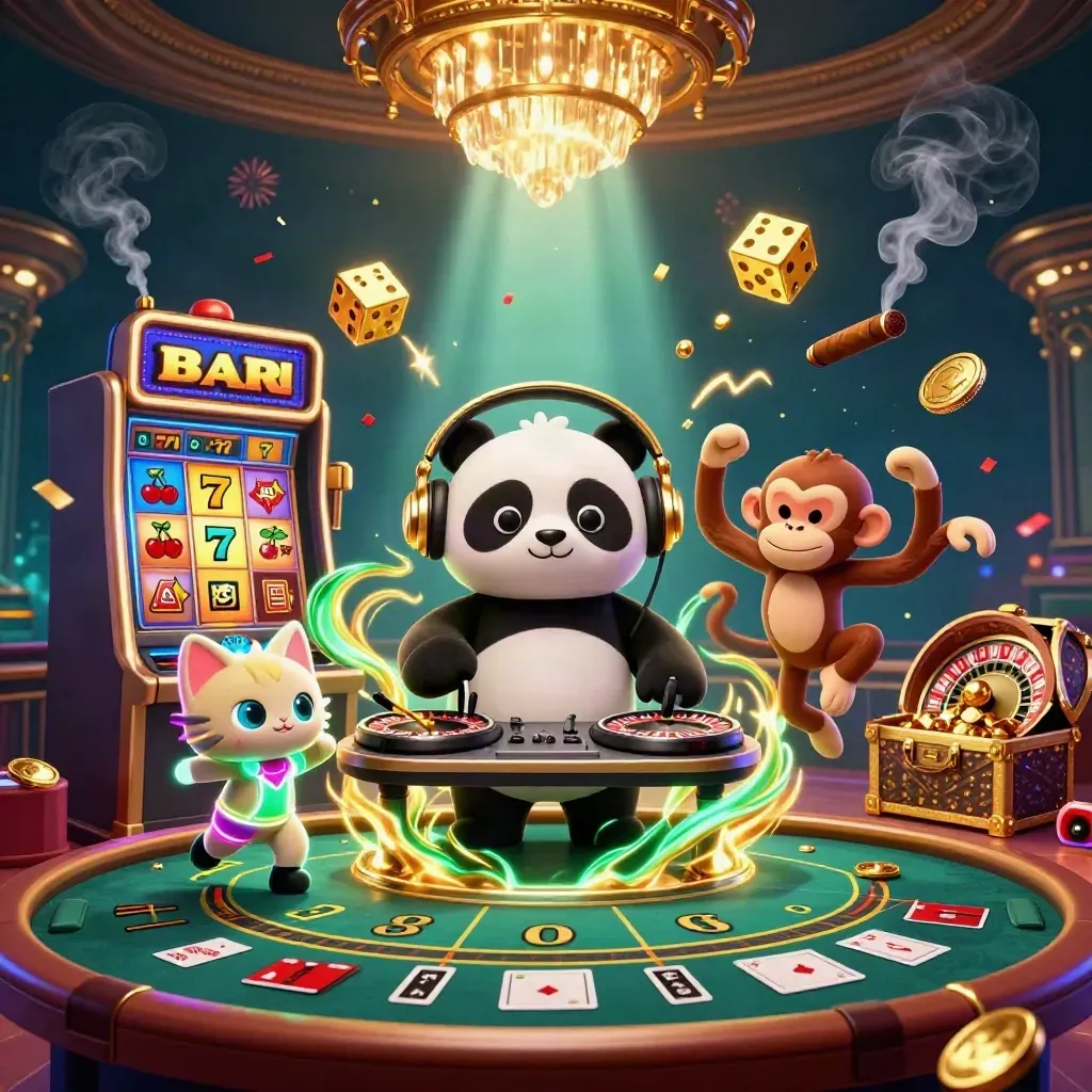 DJ panda, breakdancing monkey, and glow-stick kitten amid casino bursts in a luxe teal-gold room.