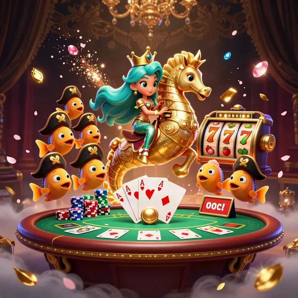 Mermaid princess on seahorse amid casino chips, cards, and glowing sea magic