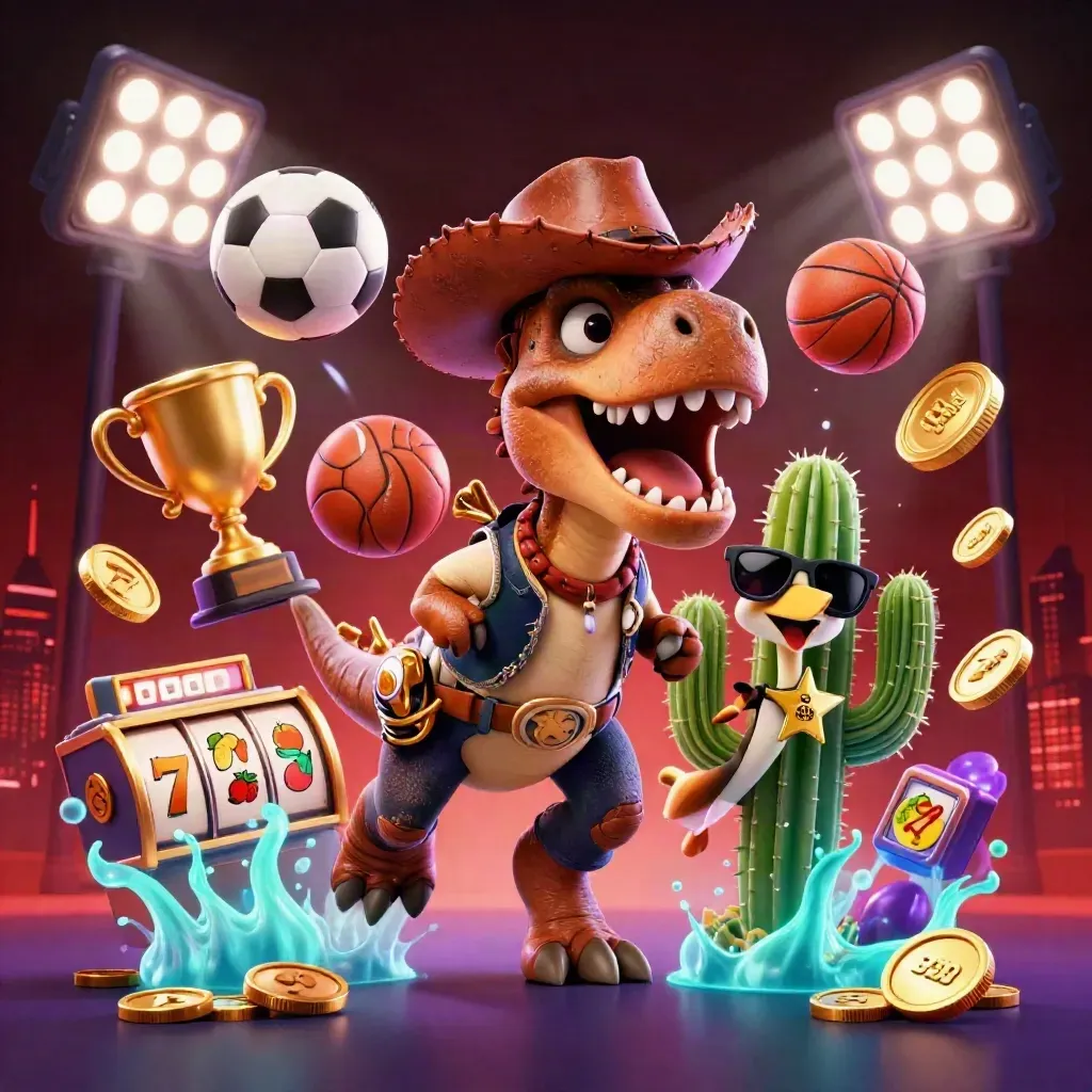 Cowboy T-Rex, cactus sidekick, and roadrunner amid treasure, sports balls, and casino glow.