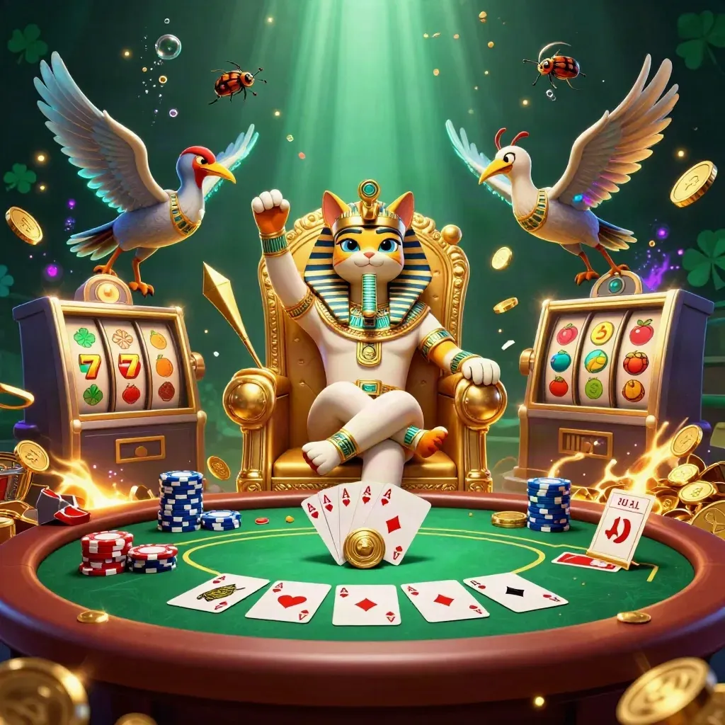 Pharaoh cat, ibis scribe and gem scarabs amid casino loot, coins and neon effects.