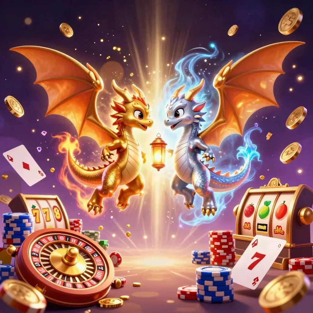 Gold and silver dragons spiral in a casino burst with coins, gems, cards, chips, and fireworks.