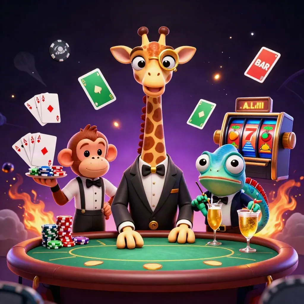 Giraffe high-roller, monkey valet, and chameleon bartender amid chips, cards, and glowing casino magic.